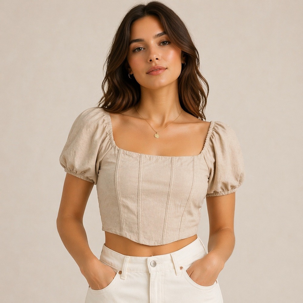 Kirious LA Cropped Top Smocked Tan Puff Sleeve Corset‎ Style Large NWT Coquette